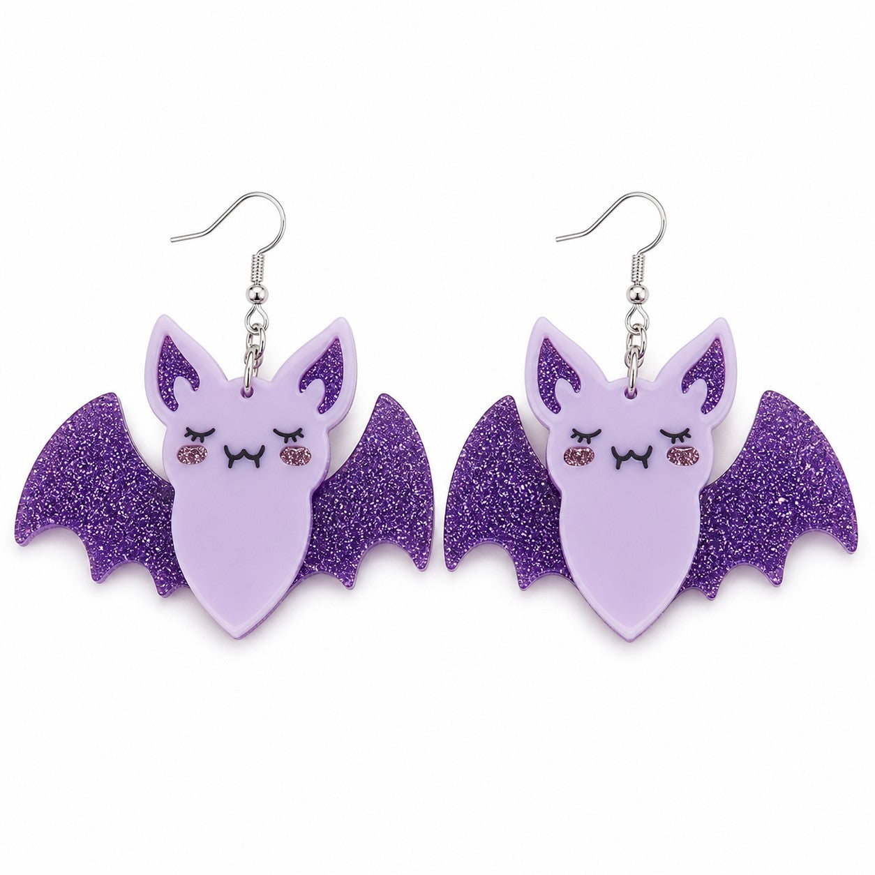 Purple Glittery Spooky Halloween Bat Earrings | Acrylic Spliced Design, Sequin Studs