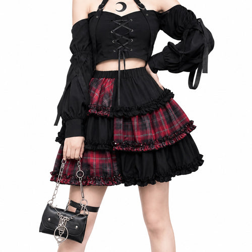 Black & Red Plaid Tiered Lolita Mini Skirt