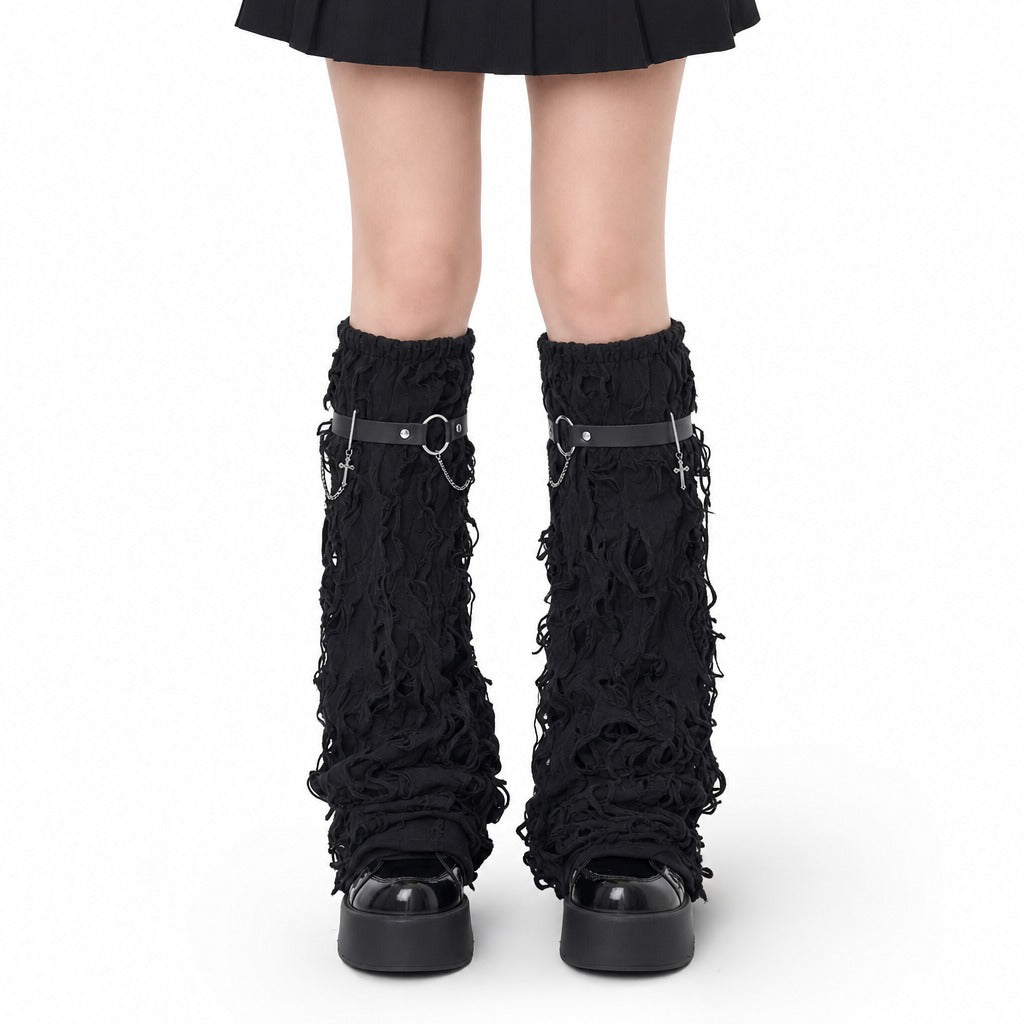 Ripped Distressed Leg Warmers with Cross Charm — AltBrat