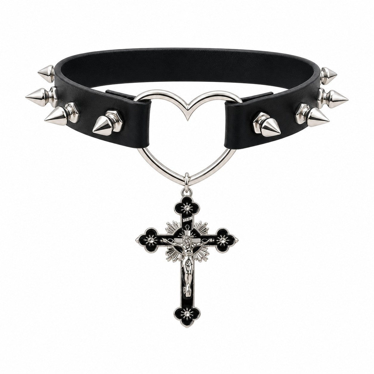 Spiked Heart-Ring Choker with Cross Pendant