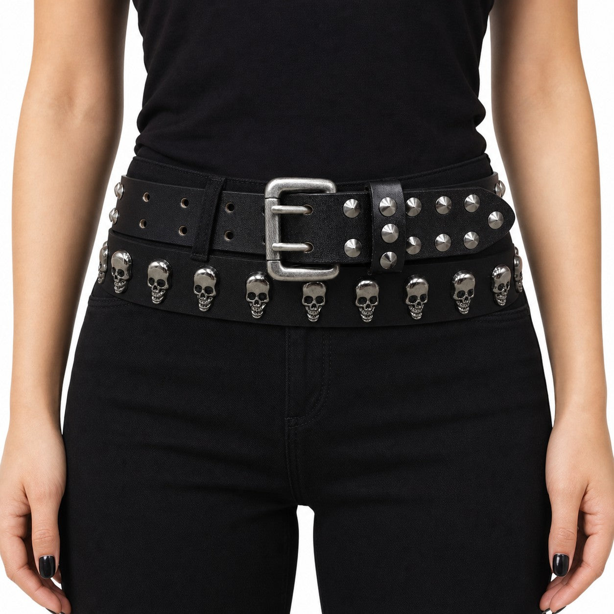 Skull Studded Double-Prong Leather Belt