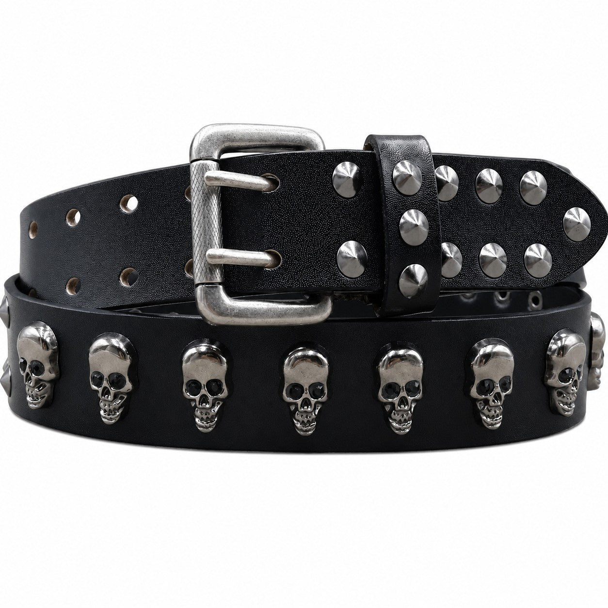 Skull Studded Double-Prong Leather Belt