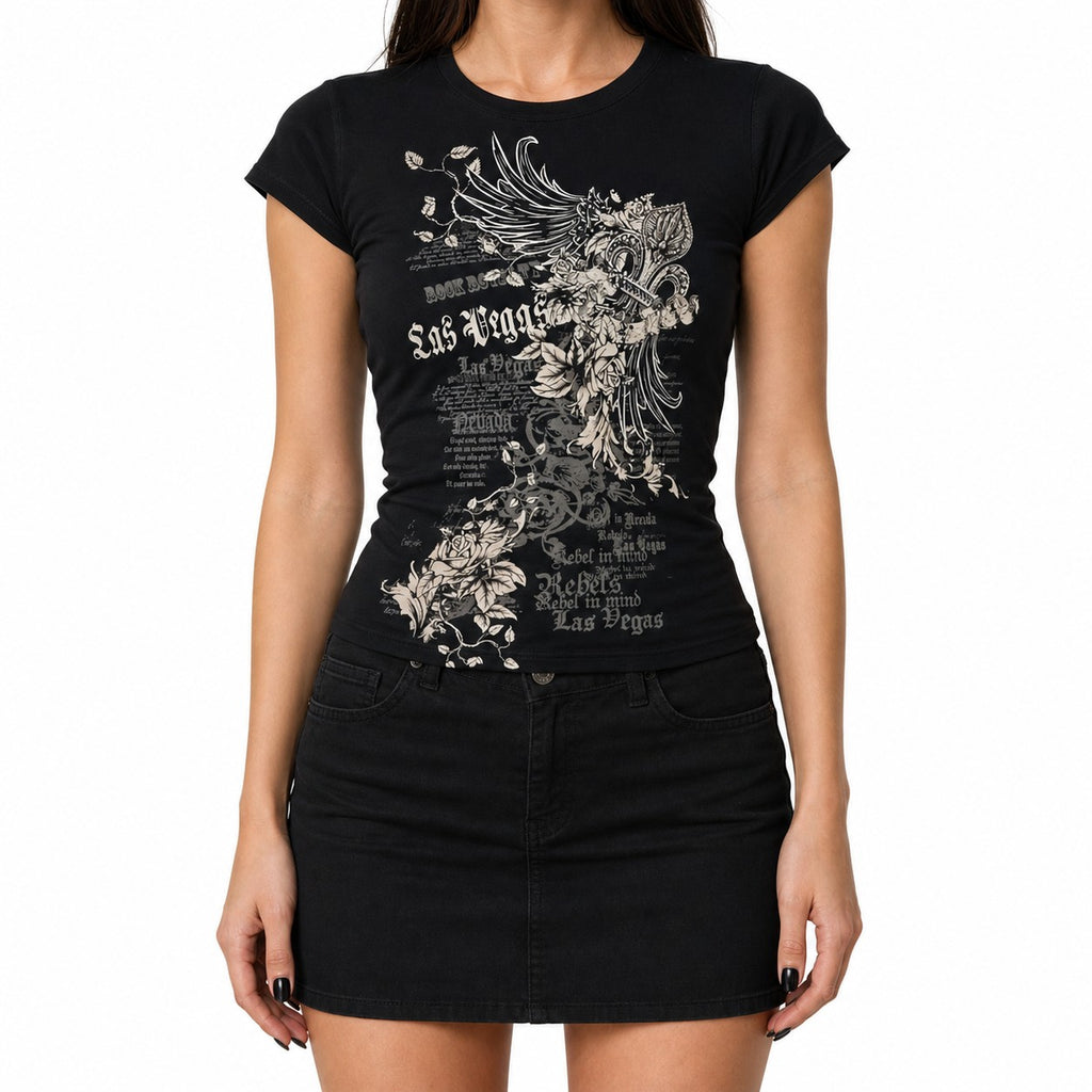Winged Cross Rose Print Y2K Baby Tee