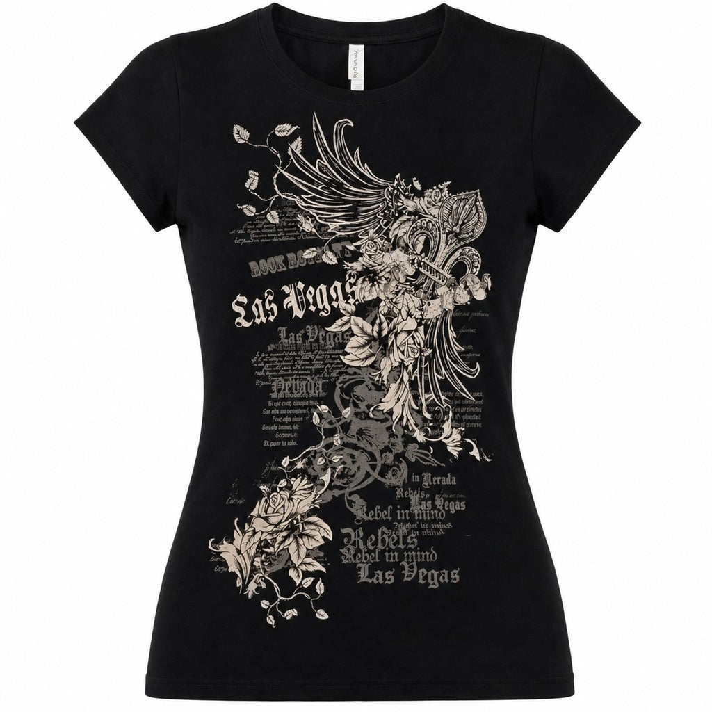 Winged Cross Rose Print Y2K Baby Tee