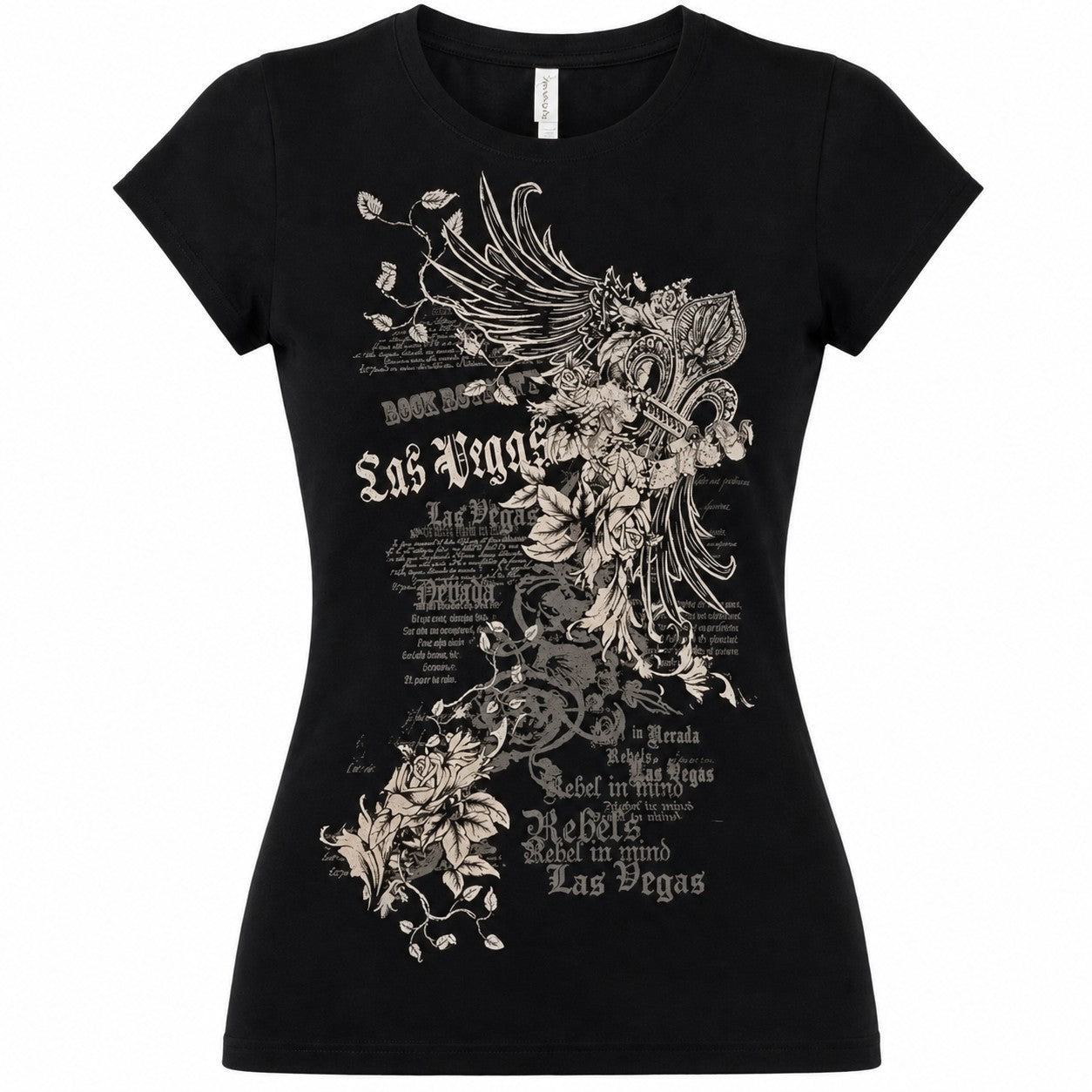 Winged Cross Rose Print Y2K Baby Tee