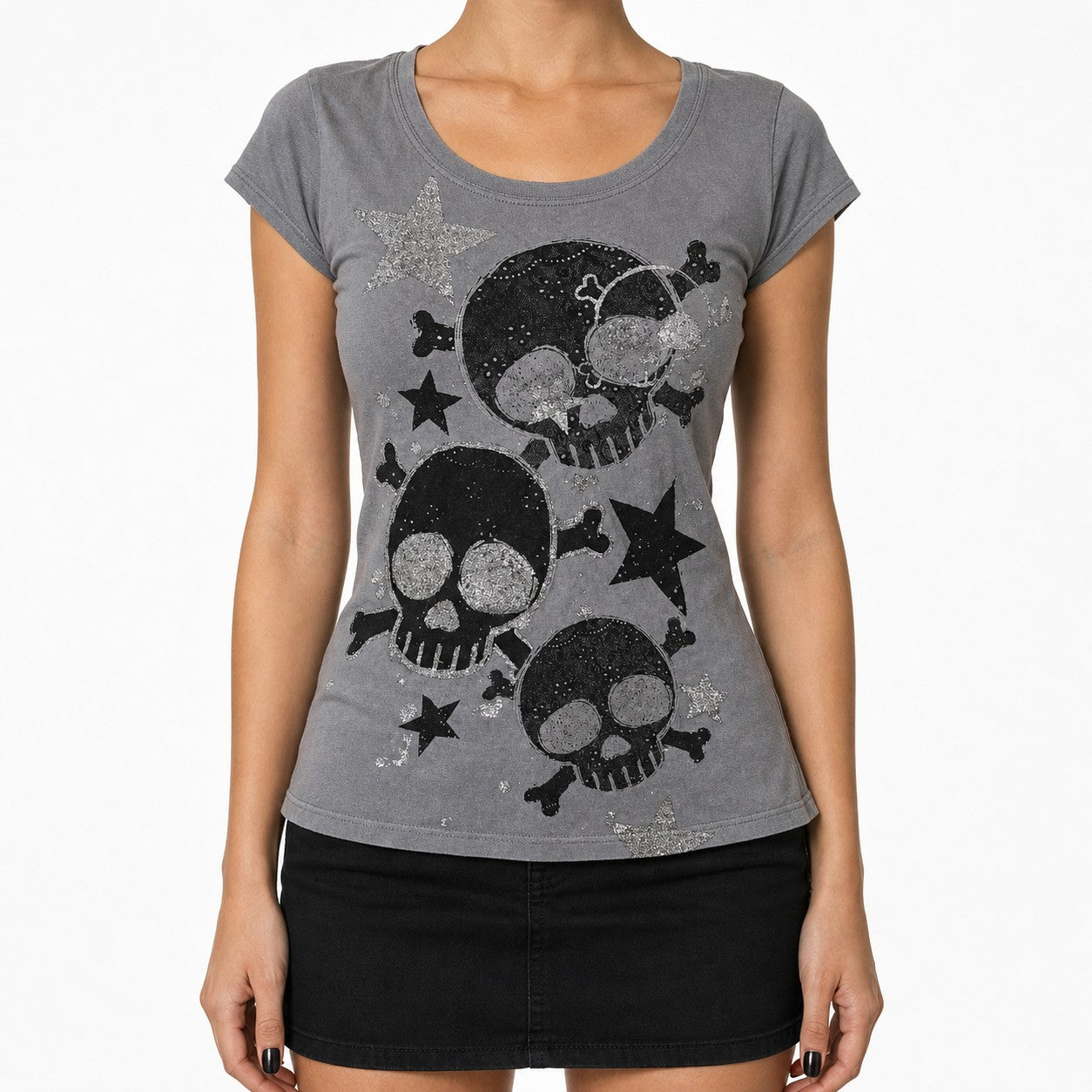 Skull, Crossbones & Stars Print Cap Sleeve Tee