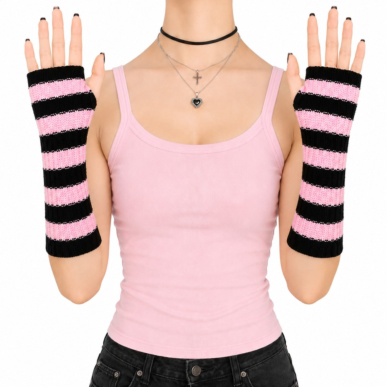 Striped Knit Long Fingerless Arm Warmers