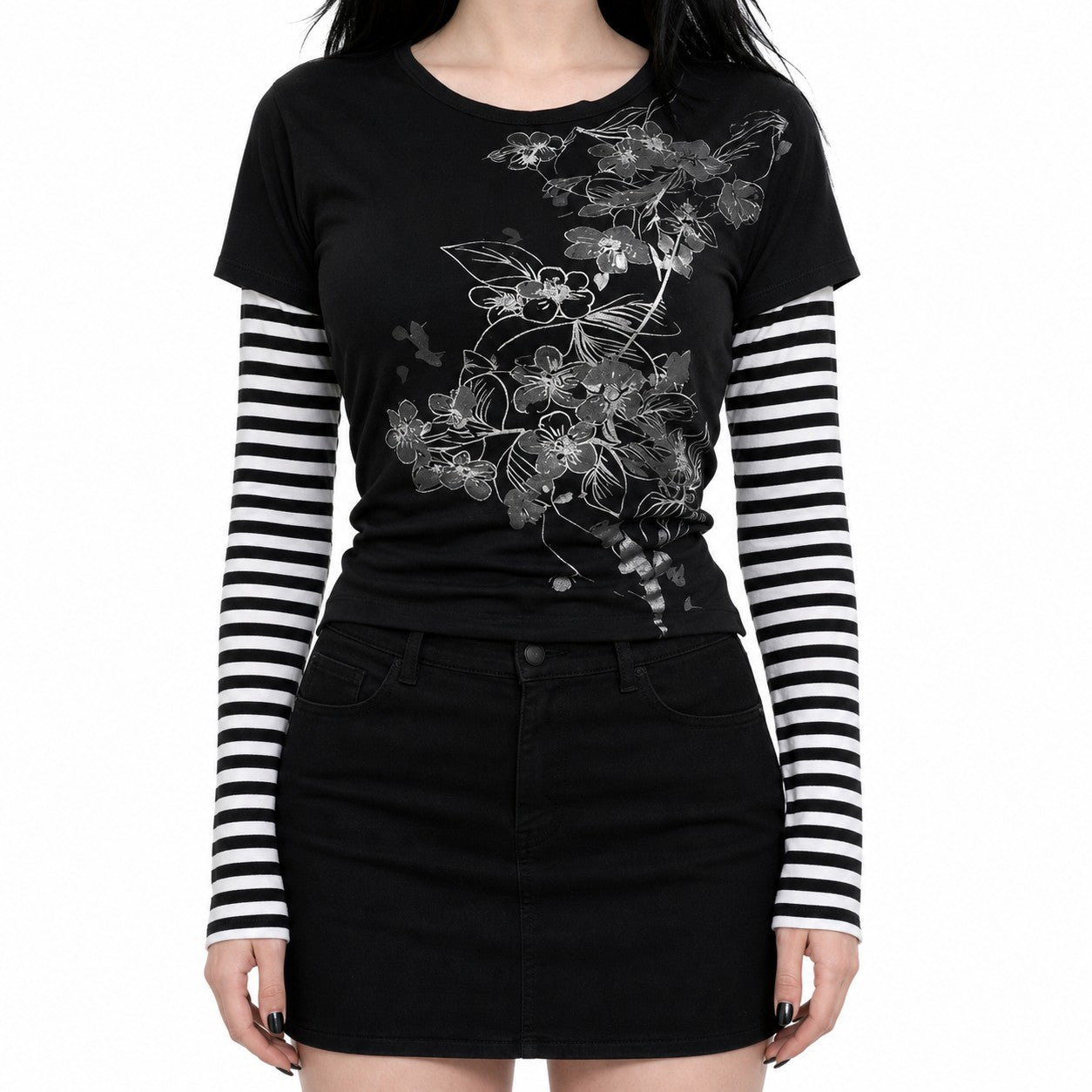 Floral Print Striped Sleeve Layered Punk T-Shirt