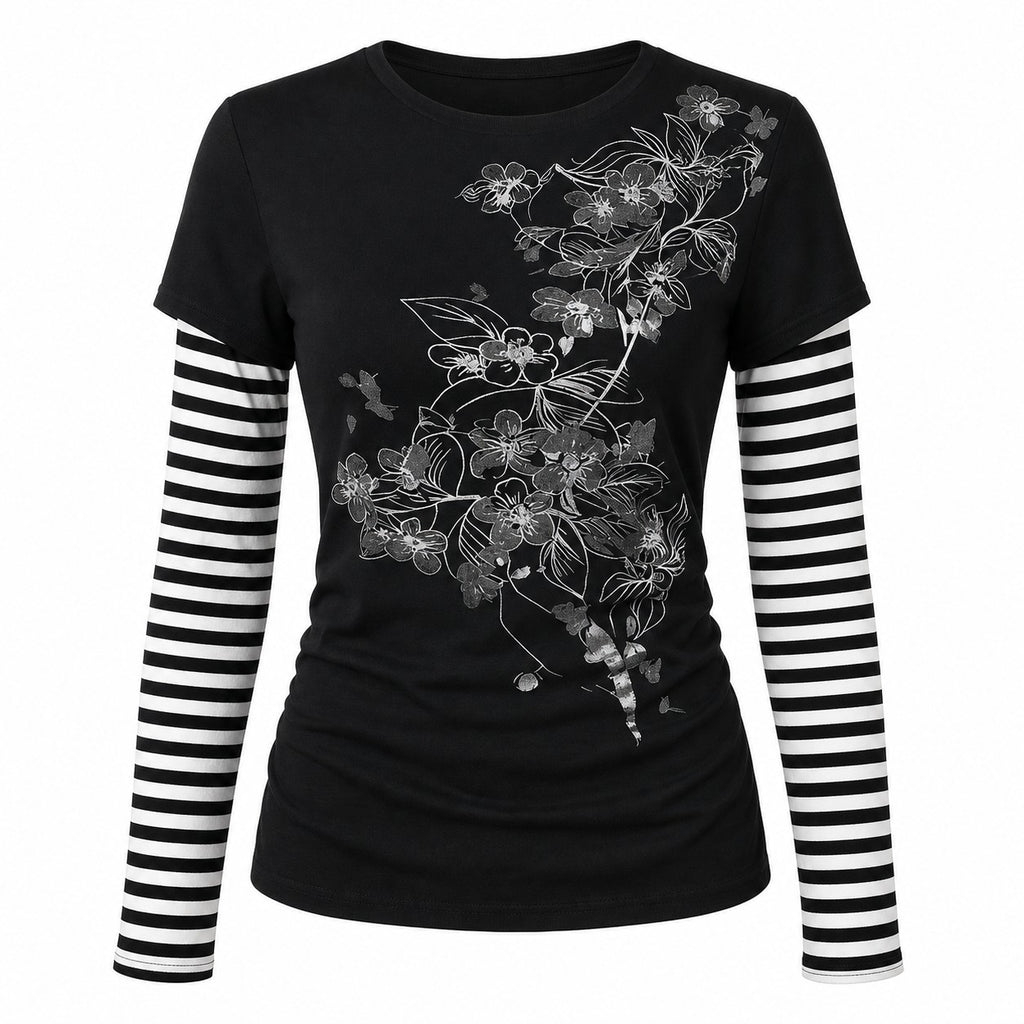 Floral Print Striped Sleeve Layered Punk T-Shirt