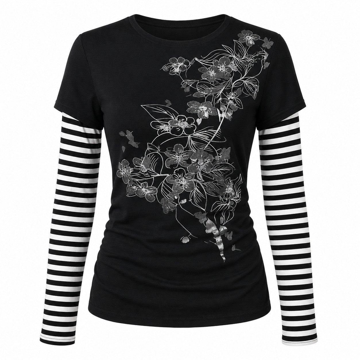 Floral Print Striped Sleeve Layered Punk T-Shirt