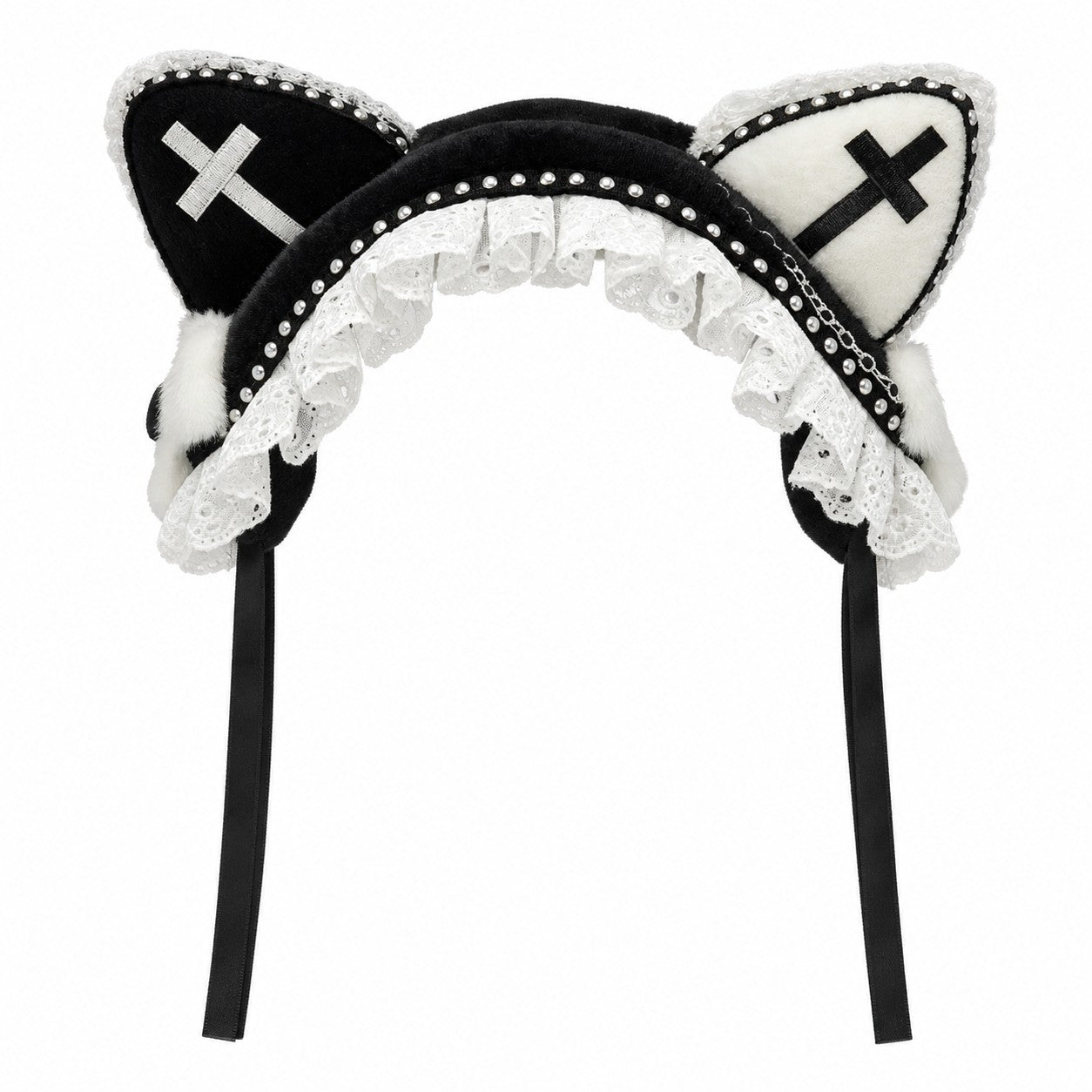 Cross Cat Ear Headband with Lace & Rhinestones