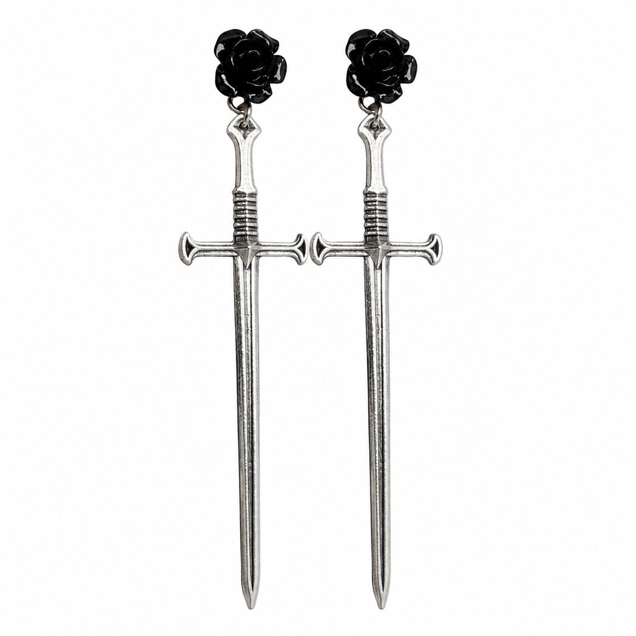 sword-and-amp-black-rose-earrings Silver