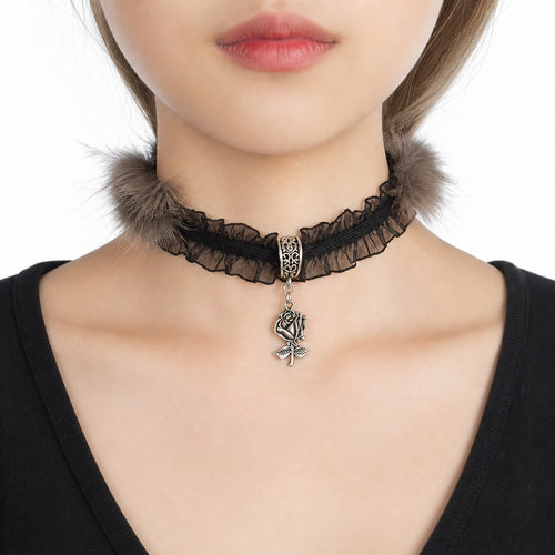 Black Lace Ruffle Choker with Rose Pendant