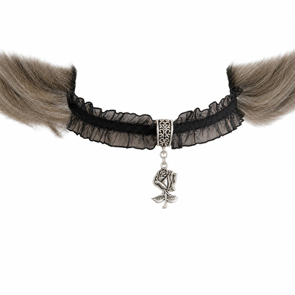 Black Lace Ruffle Choker with Rose Pendant