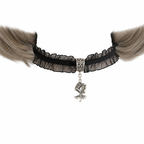 Black Lace Ruffle Choker with Rose Pendant