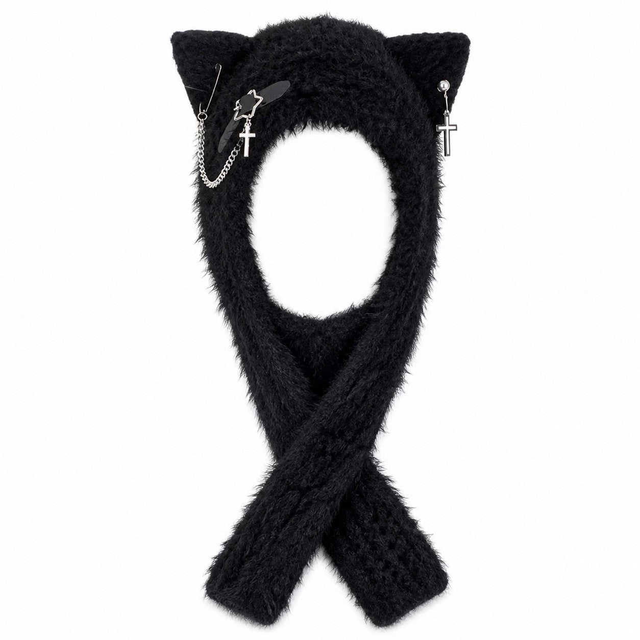 Knit Cat Ear Hood Hat with Scarf Ties