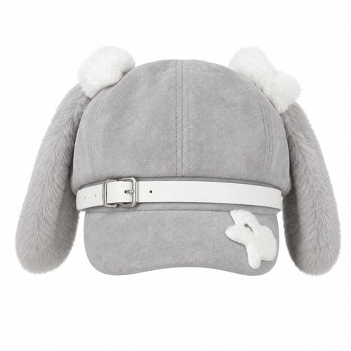 Bunny Ear Suede Newsboy Cap with Belt Buckle