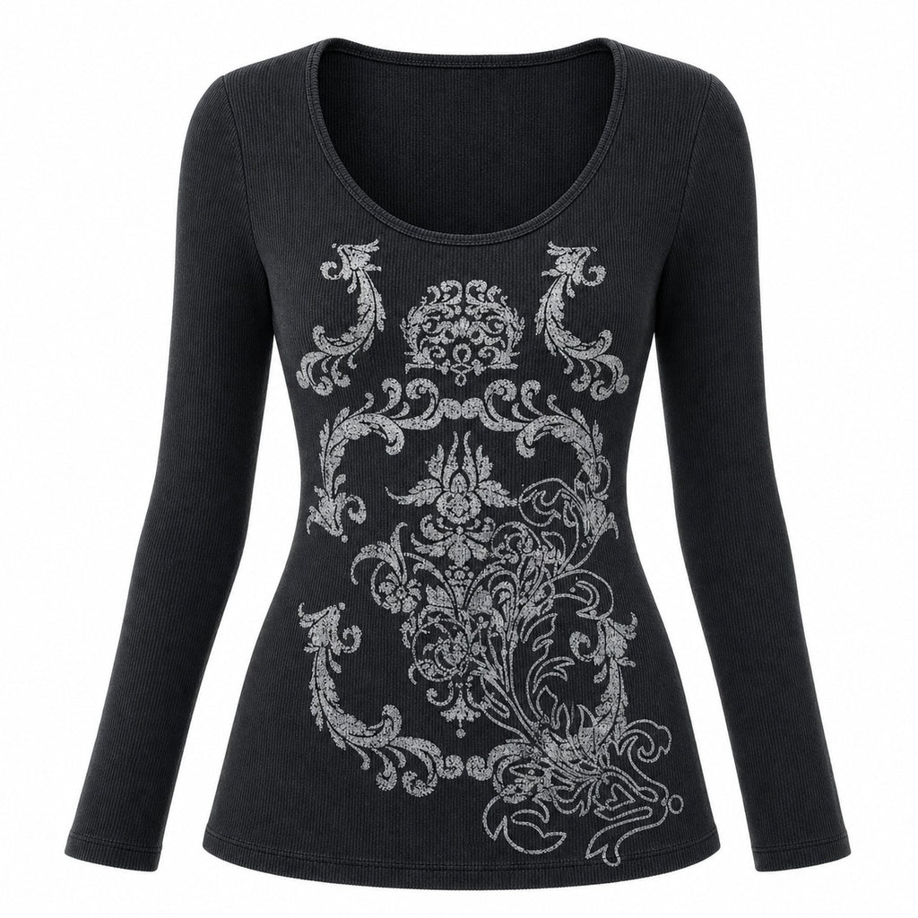 Baroque Filigree Print Waffle Long Sleeve Top