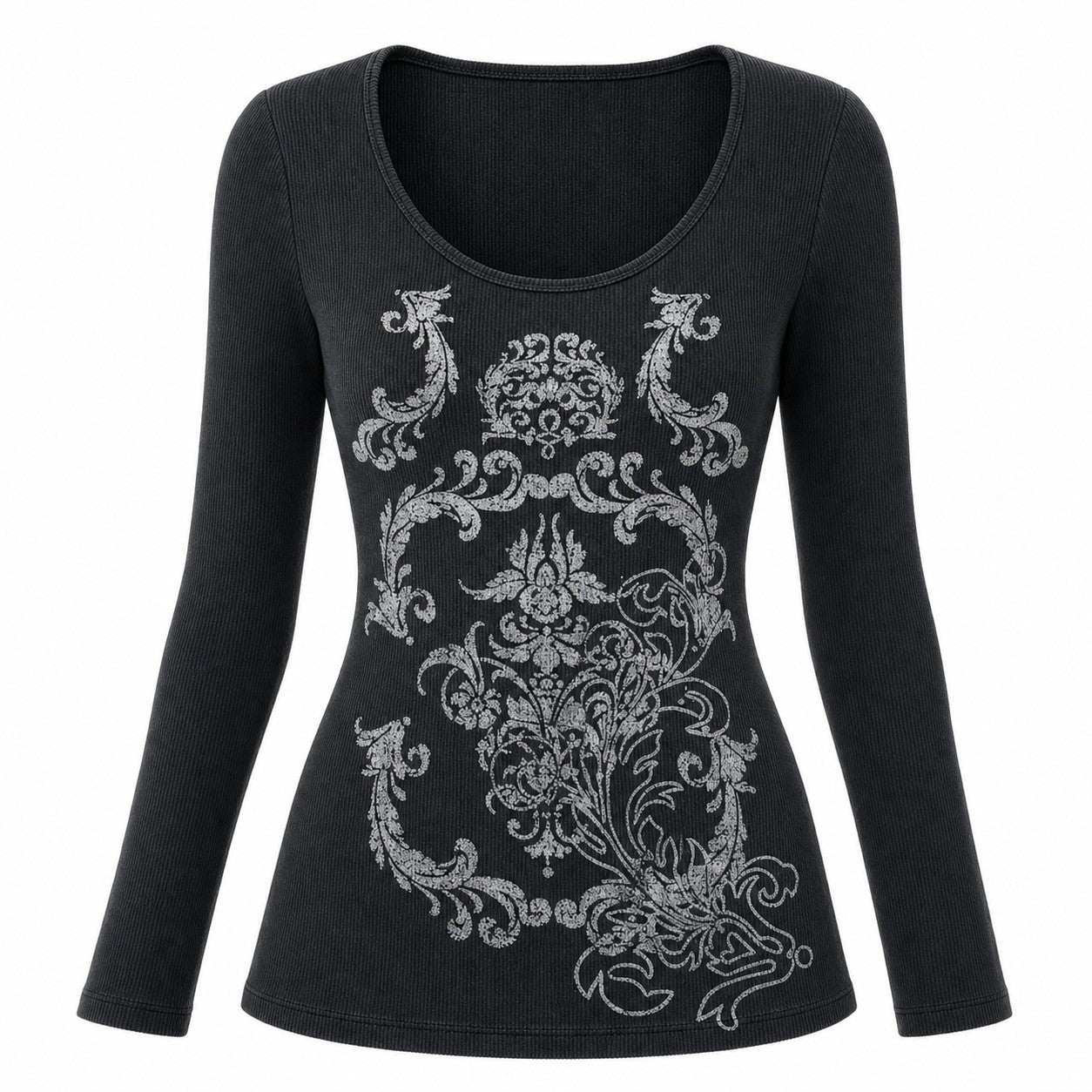 Baroque Filigree Print Waffle Long Sleeve Top