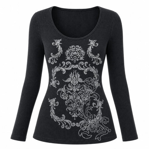 Baroque Filigree Print Waffle Long Sleeve Top